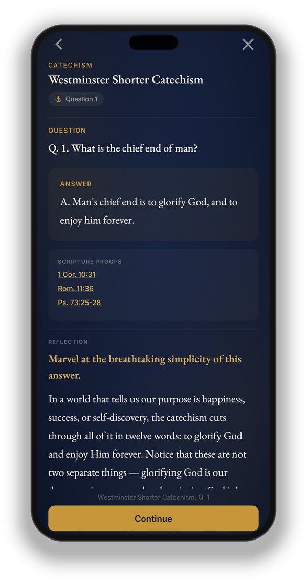 Devotus Westminster Shorter Catechism screen displayed in a graphite phone mockup