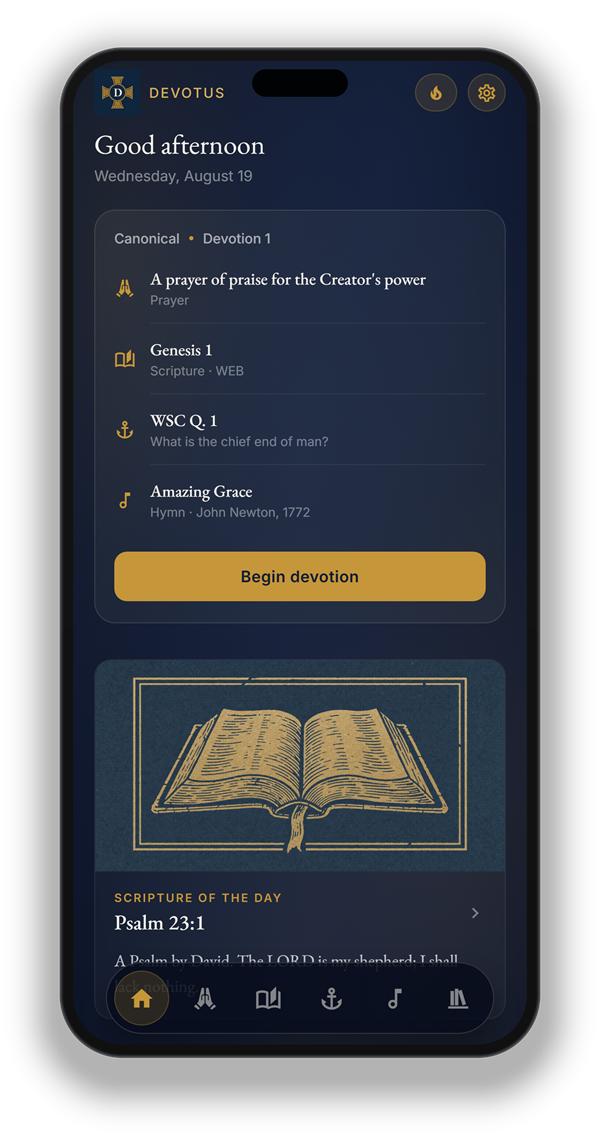 Devotus 1.8 Today screen displayed in a graphite phone mockup