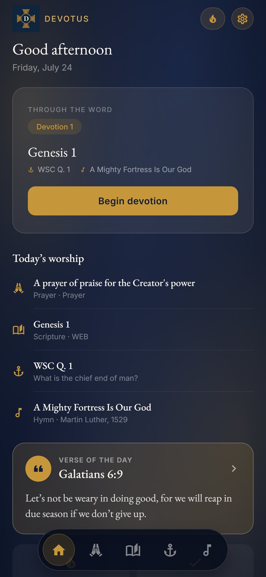 Devotus home screen showing the daily worship plan